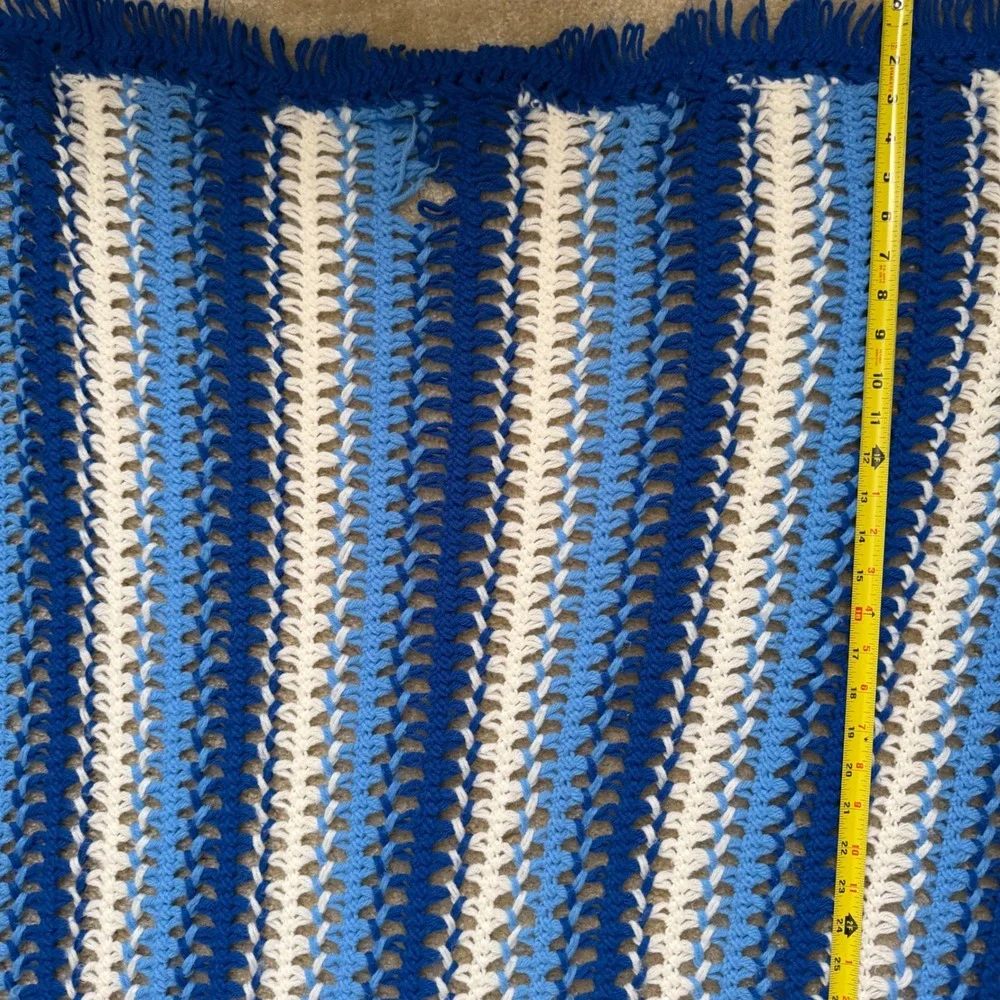 Vintage Handmade Crochet Afghan Blanket Blue White Striped Fringe Throw 97x47